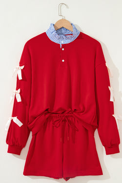 Set felpa e pantaloncini da corsa con fiocco in raso patchwork con colletto a righe rosso e pantaloncini