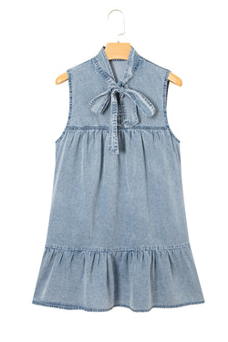 Beau Blue Bowknot Neck sin mangas con volantes Vestido de chambray