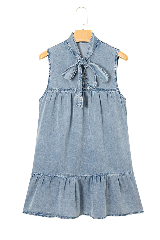 Beau Blue Bowknot Neck sin mangas con volantes Vestido de chambray