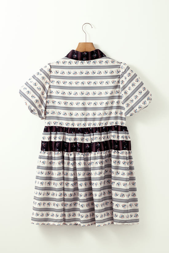 Vestido de manga de bolha listrada de contraste floral de boho preto