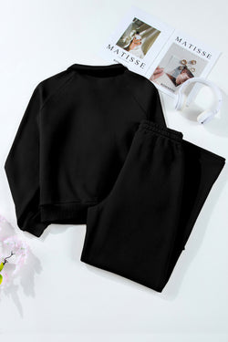 Black Solid Collared Sweatshirt and High Waist Pants Active Set
