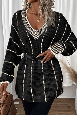Maglione sciolto a Vs a striato di blocco nero a strisce