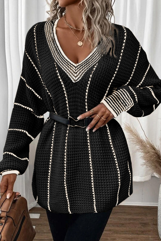 Maglione sciolto a Vs a striato di blocco nero a strisce
