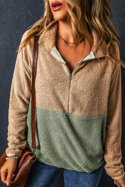 Moletom de lã com meio zíper e bloco colorido em dois tons cinza fumaça