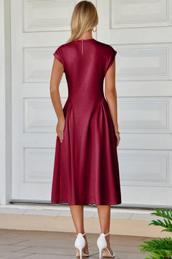 Red Dahlia Solid Color V Neck Pleated Flared Midi Dress