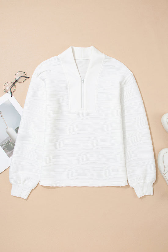 Parchment Solid Color Textured Zip V Neck Pullover Sweatshirt