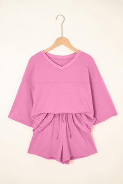 Meadow Mist Green Solid Sole Lo suelto V Neck Media manga y pantalones pantalones cortos