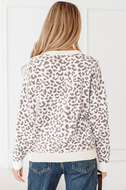 Khaki Leopard Drop Shoulder Chunky Knitted Cardigan Sweater