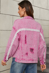 Chaqueta de mezclilla abotonada de pasos de encaje rosa