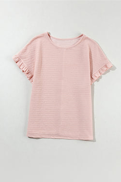 Black and Light Pink Solid Textured Ruffled Short Sleeve Blouse