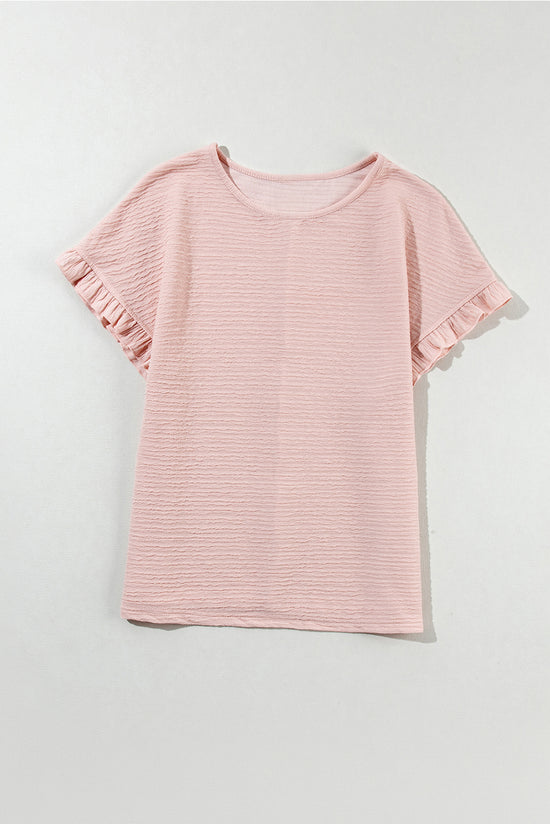 Black and Light Pink Solid Textured Ruffled Short Sleeve Blouse