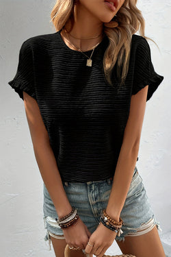 Black and Light Pink Solid Textured Ruffled Short Sleeve Blouse