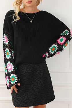 Maglie sciolta a campana floreale nero
