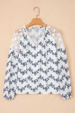 Blue Lace Patchwork Floral Bubble Sleeve V Split Neck Blouse