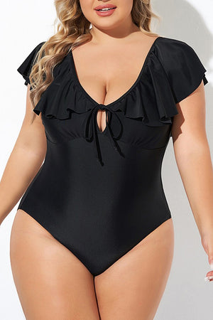 Neck à lacets à manches à volants noirs en V plus taille de maillot de taille en une seule pièce