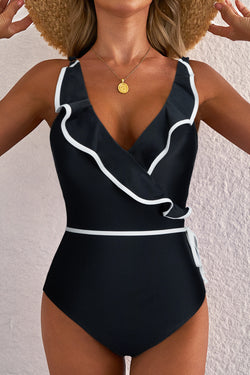 Contrasto di colore nero Blavola arricciata a V collo da bagno