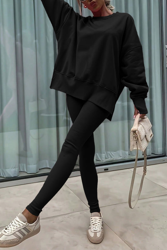 Ensemble 2 pièces de sweat-shirt fendu surdimensionné de couleur unie Green Bay avec leggings côtelés