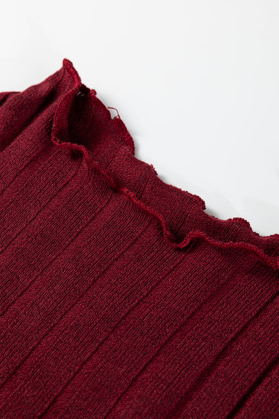 Black Frilled Neck Ribbed Knit Patchwork Long Sleeve Mini Dress