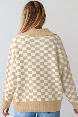 Botões quadriculados rosa colar V de pescoço Drop Sweater