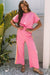 Bonbon Color Contrast Crewneck T Shirt and Wide Leg High Waist Pants Set