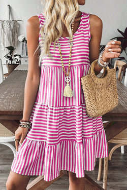 Sky Blue Stripe U Neck Maneveless Fit Fit Mini Vestido