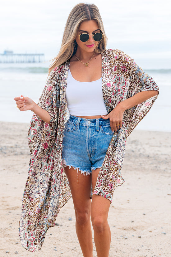 Apricot estampado floral manga corta abierta del frente suelto kimono suelto