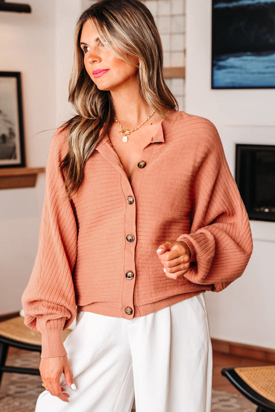 Pulsante a costola a costola rosa alberico anteriore Dolman Sleeve maglione cardigan