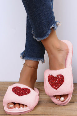 Pantuflas de felpa sin cordones en forma de corazón con lentejuelas rosas