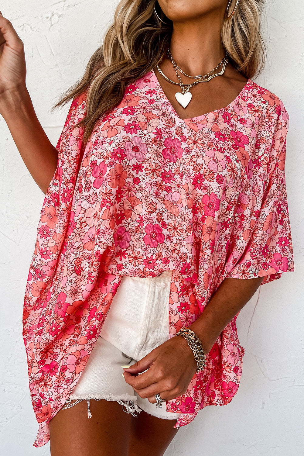 Blusa de estilo kimono de rosa boho floral v