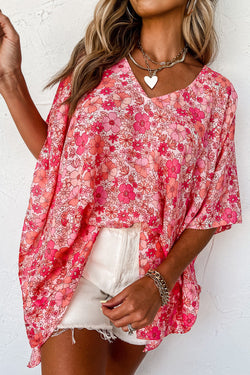 Blusa in stile Kimono rosa floreale a V.