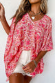 Blusa in stile Kimono rosa floreale a V.