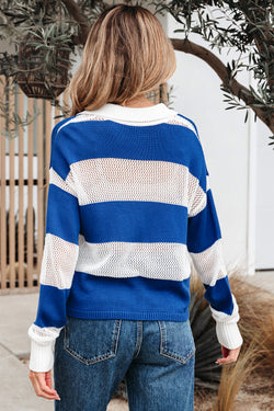 Stripe blu a strisce colorblock polo collare uncinetto maglia a maglia