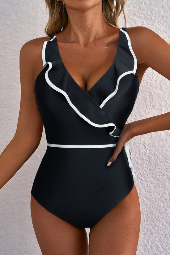 Contrasto di colore nero Blavola arricciata a V collo da bagno
