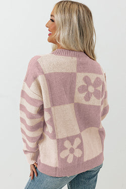 Maglione a strisce floreali a scacchi marrone