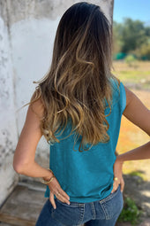 Peacock Blue Metallic Edge Scoop Tank Toqule Toqule