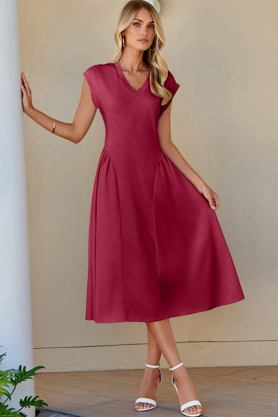 Red Dahlia Solid Color V Neck Pleated Flared Midi Dress
