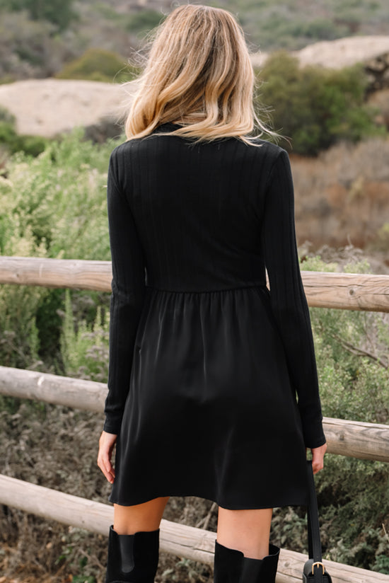 Black Frilled Neck Ribbed Knit Patchwork Long Sleeve Mini Dress