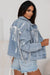 Sky Blue Sequin Embellished Fringe Distressed Denim Jacket