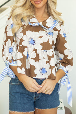 Marrom Floral Printed Tired Tire Sleeve Collared V Neck Blouse