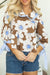 Marrom Floral Printed Tired Tire Sleeve Collared V Neck Blouse