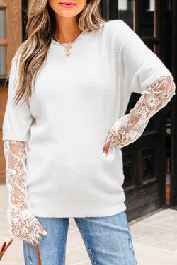 Significa per patchwork a manica in pizzo beige finto maglione fuzzy