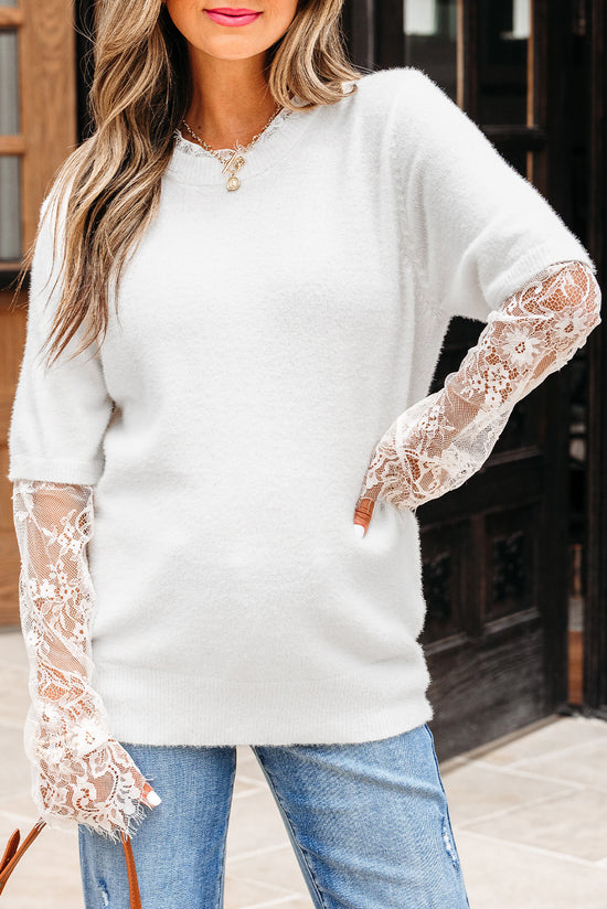 Significa per patchwork a manica in pizzo beige finto maglione fuzzy