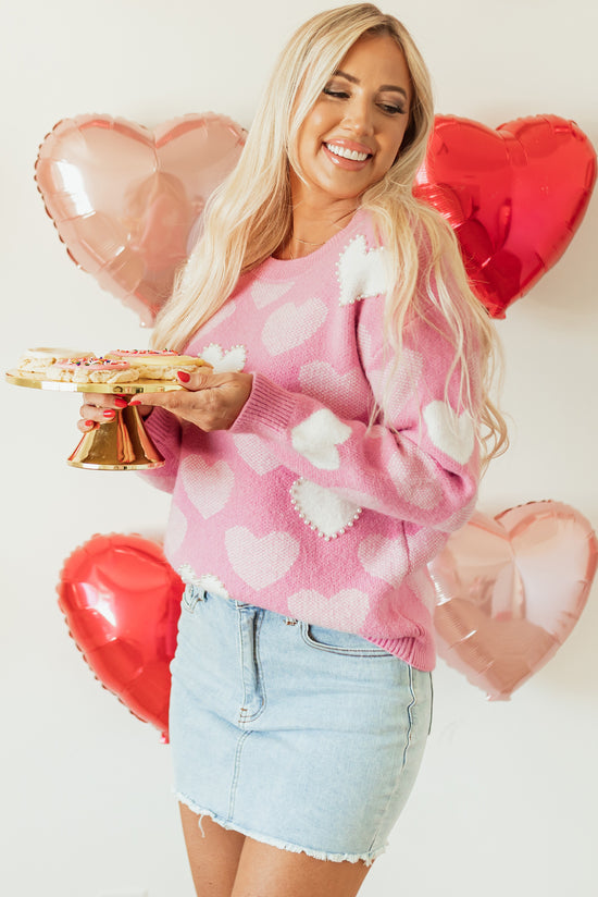Coração de coração rosa pêlo pãe camisola da tripulação do pescoço