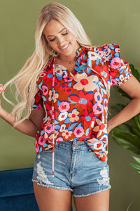 Marrón de estampado de flores marrones Selfle Collar Collar Puff Sleuse de manga