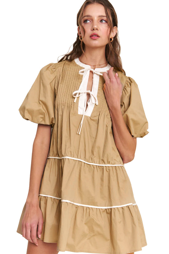 Pale Khaki Contrast Trim Pintuck Puff Sleeve Tied Neck Short Dress