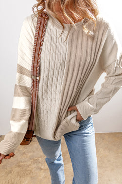 Chaki Cable Knit Colorblock Crew pescoço Drop Sweter ombro