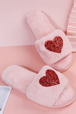 Pantuflas de felpa sin cordones en forma de corazón con lentejuelas rosas