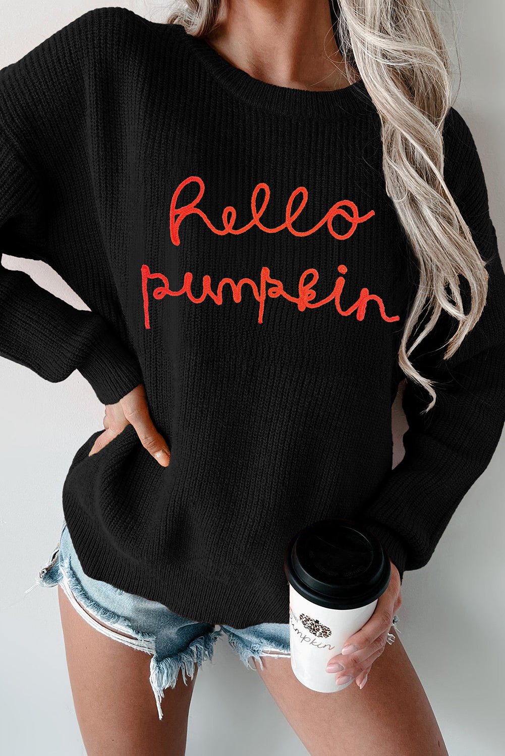 Suéter gráfico de calabaza de flamingo hola