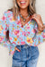 Sky Blue Floral Smocked Cuff Flounce Sleeve V Neck Blouse