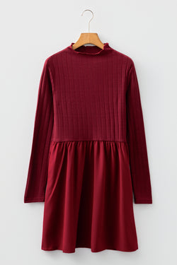 Black Frilled Neck Ribbed Knit Patchwork Long Sleeve Mini Dress